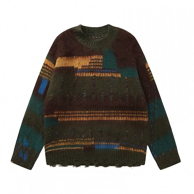 Coffee/Apricot Patchwork Distress Holes Loose Sweater