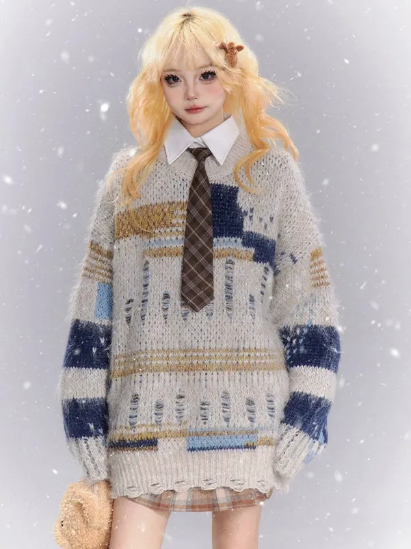 Coffee/Apricot Patchwork Distress Holes Loose Sweater