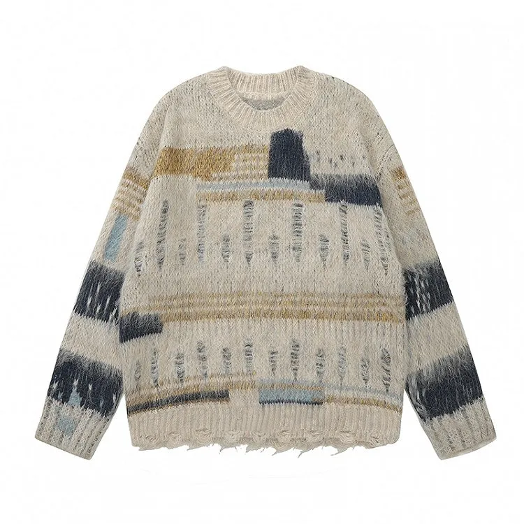Coffee/Apricot Patchwork Distress Holes Loose Sweater