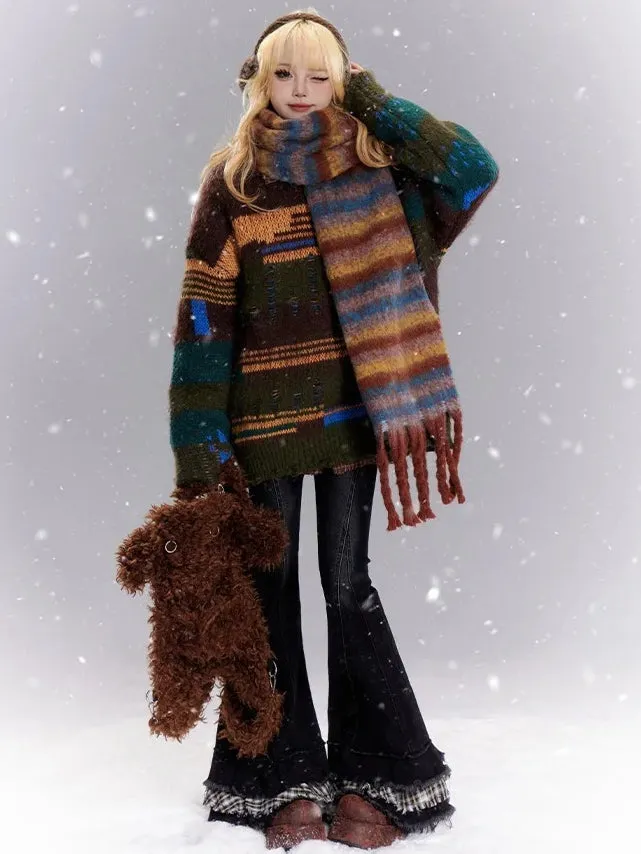 Coffee/Apricot Patchwork Distress Holes Loose Sweater