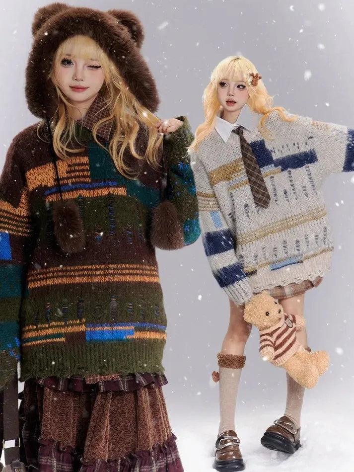 Coffee/Apricot Patchwork Distress Holes Loose Sweater