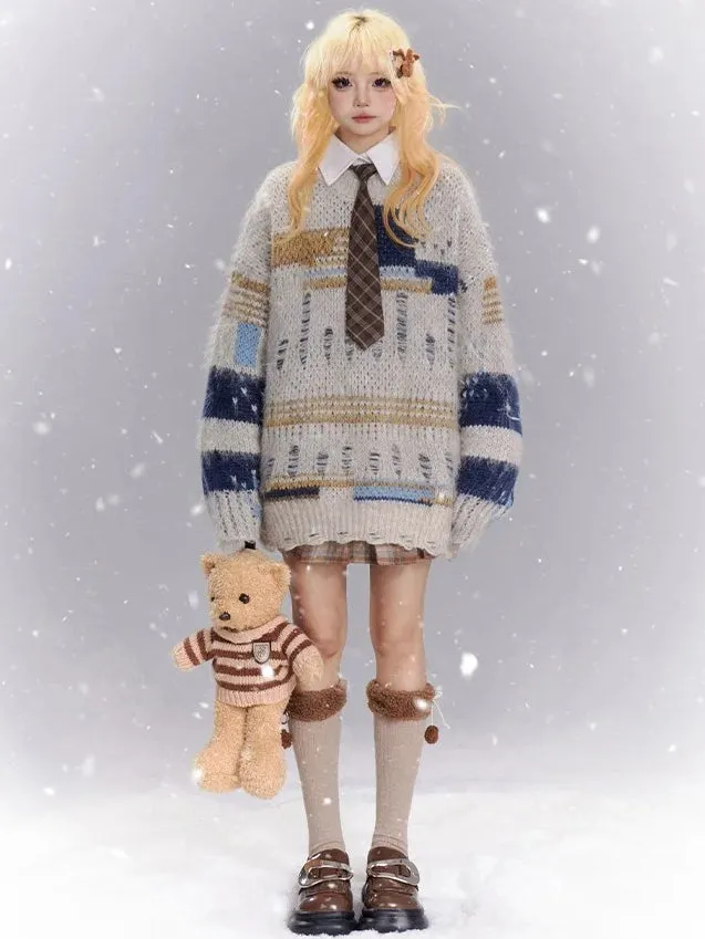 Coffee/Apricot Patchwork Distress Holes Loose Sweater