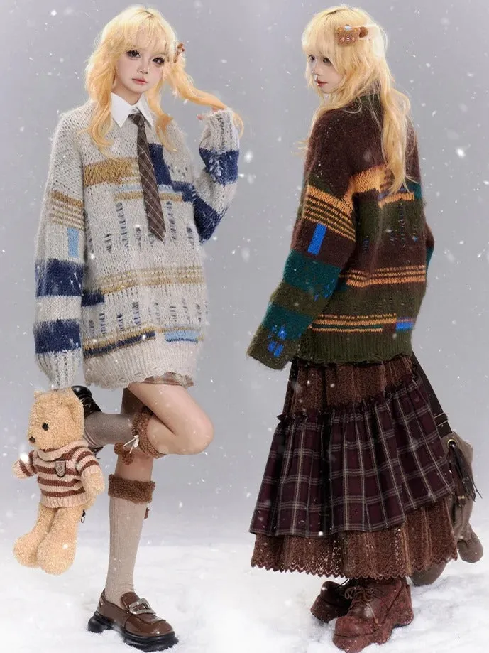 Coffee/Apricot Patchwork Distress Holes Loose Sweater