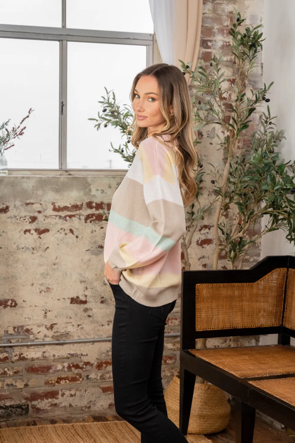 Color Block Blush/Taupe Round Neck Sweater