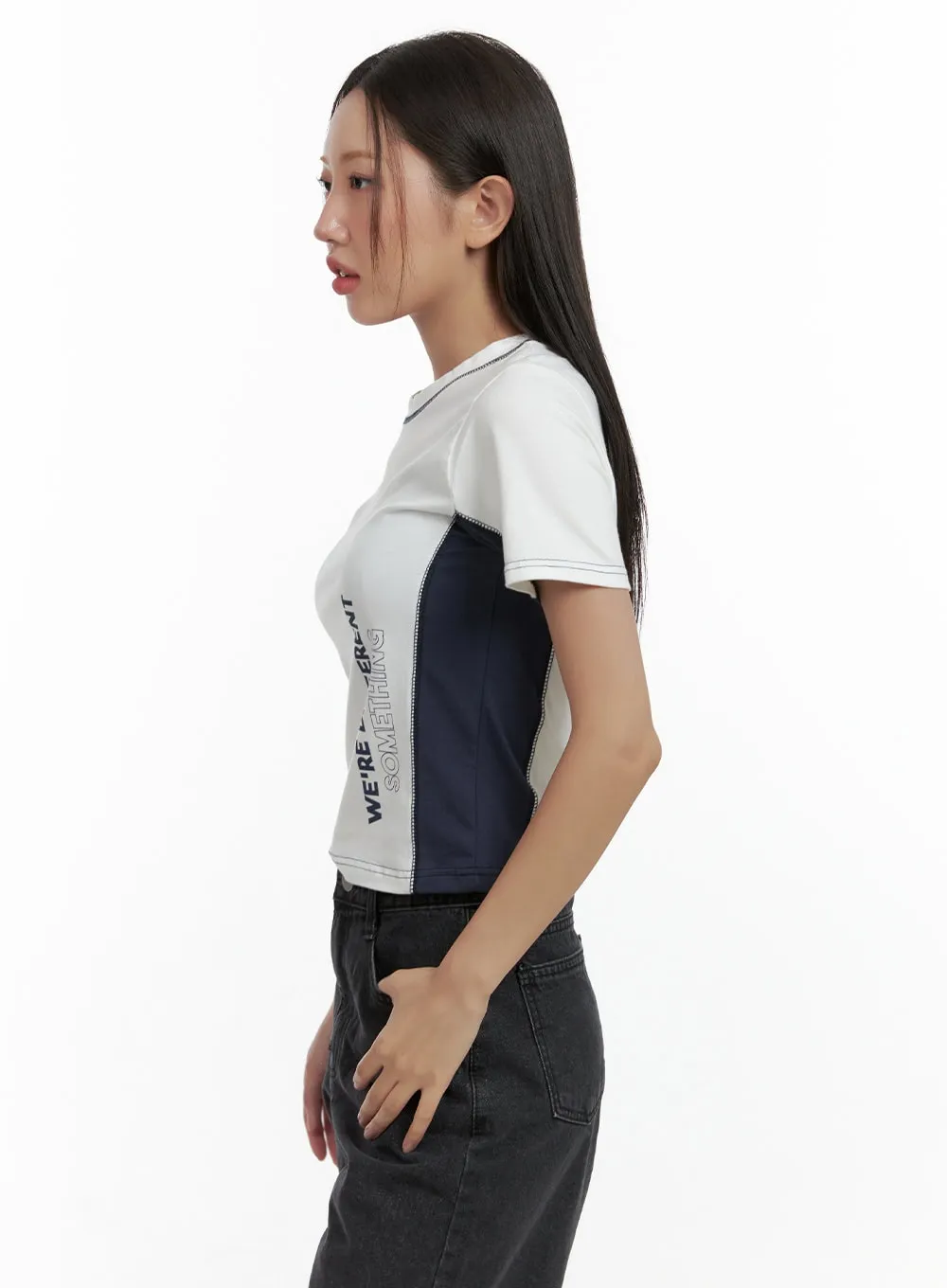 Color Block Lettering Stitch Top OL401