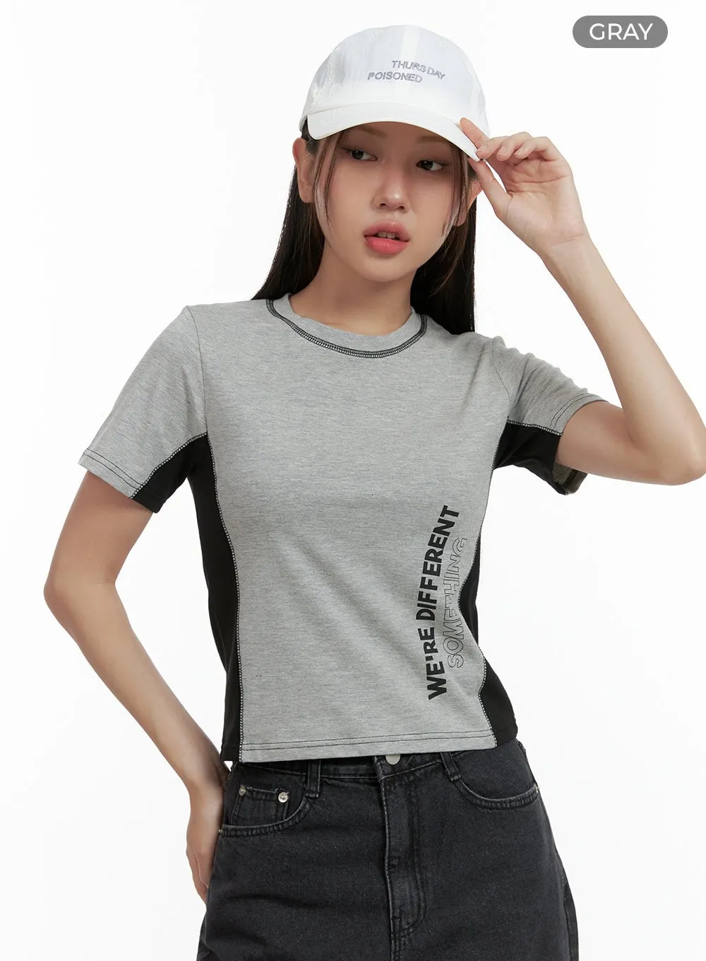 Color Block Lettering Stitch Top OL401