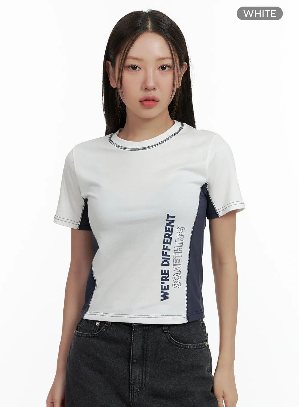 Color Block Lettering Stitch Top OL401
