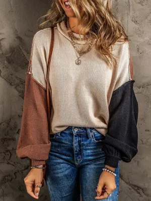 Colorblock Bishop Sleeve Ribbed Trim Sweater