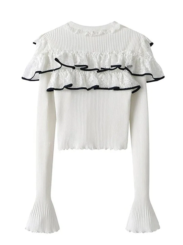 Colorblock Patchwork Ruffles Slimming Knitting Sweaters For Women Round Neck Long Sleeve Elegant Sweater Female