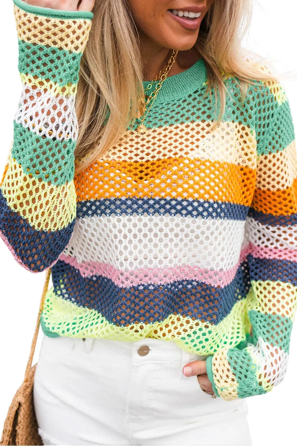 Colorblock Stripe Crochet Knit Sweater