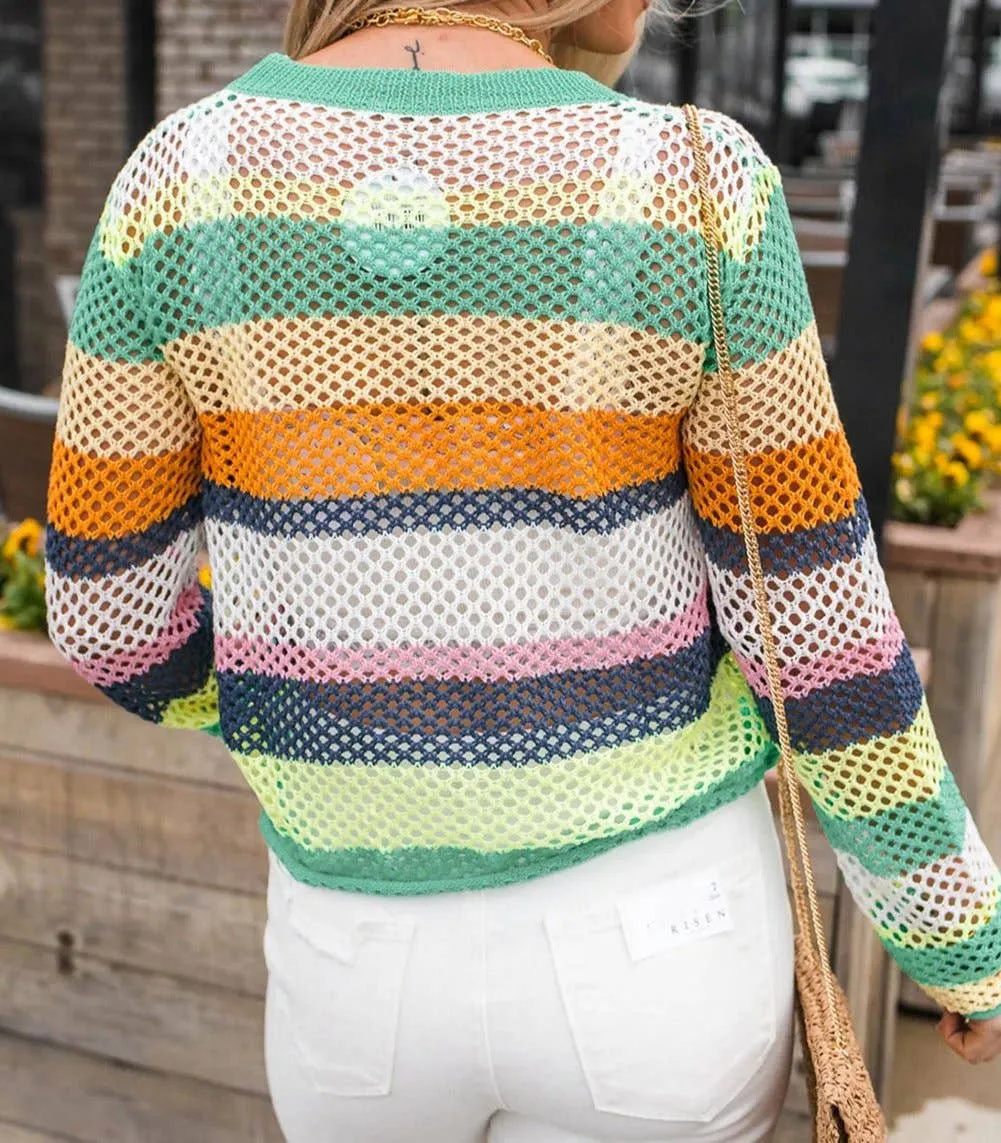 Colorblock Stripe Crochet Knit Sweater