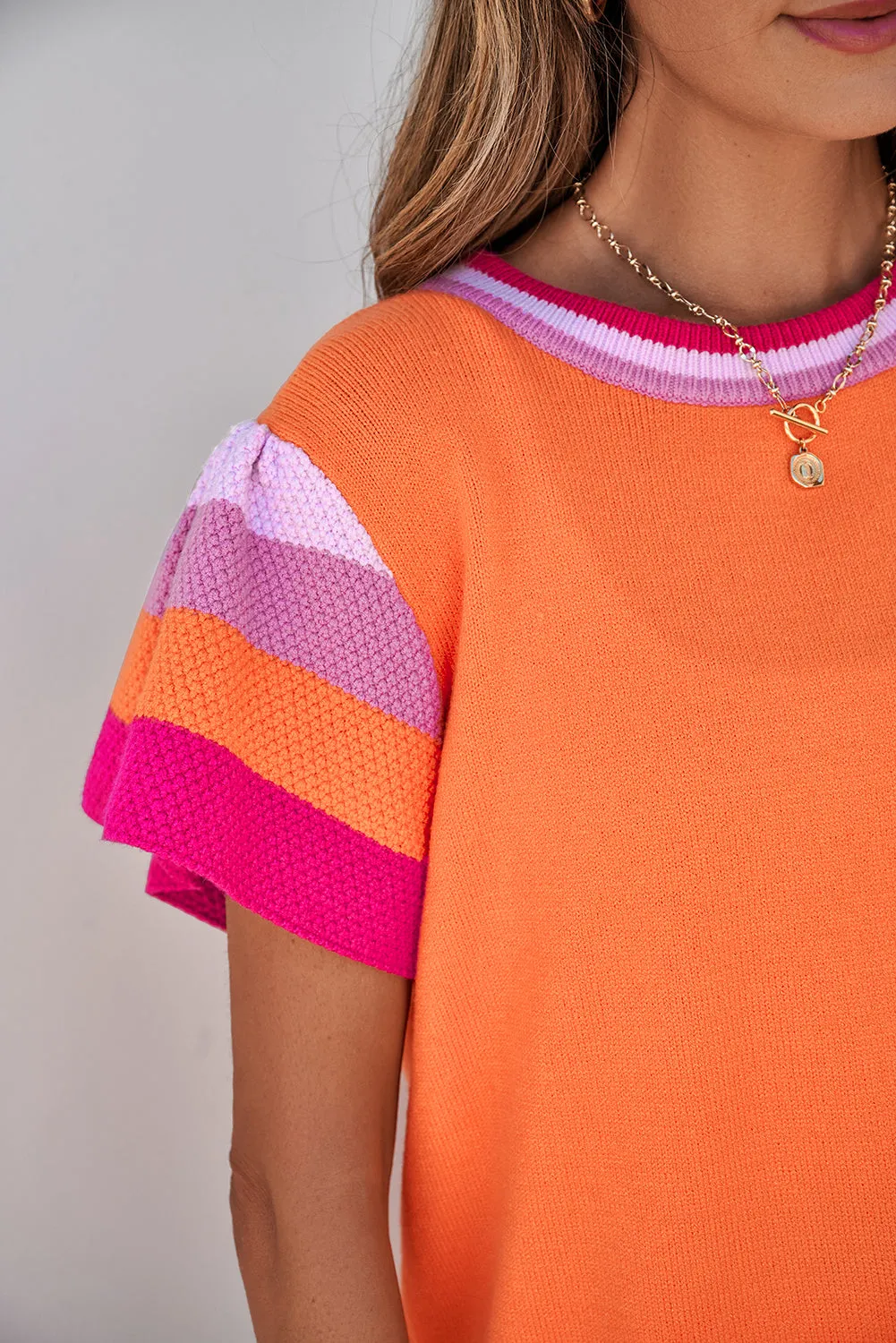 Contrast Flutter Sleeves Knitted Sweater T Shirt