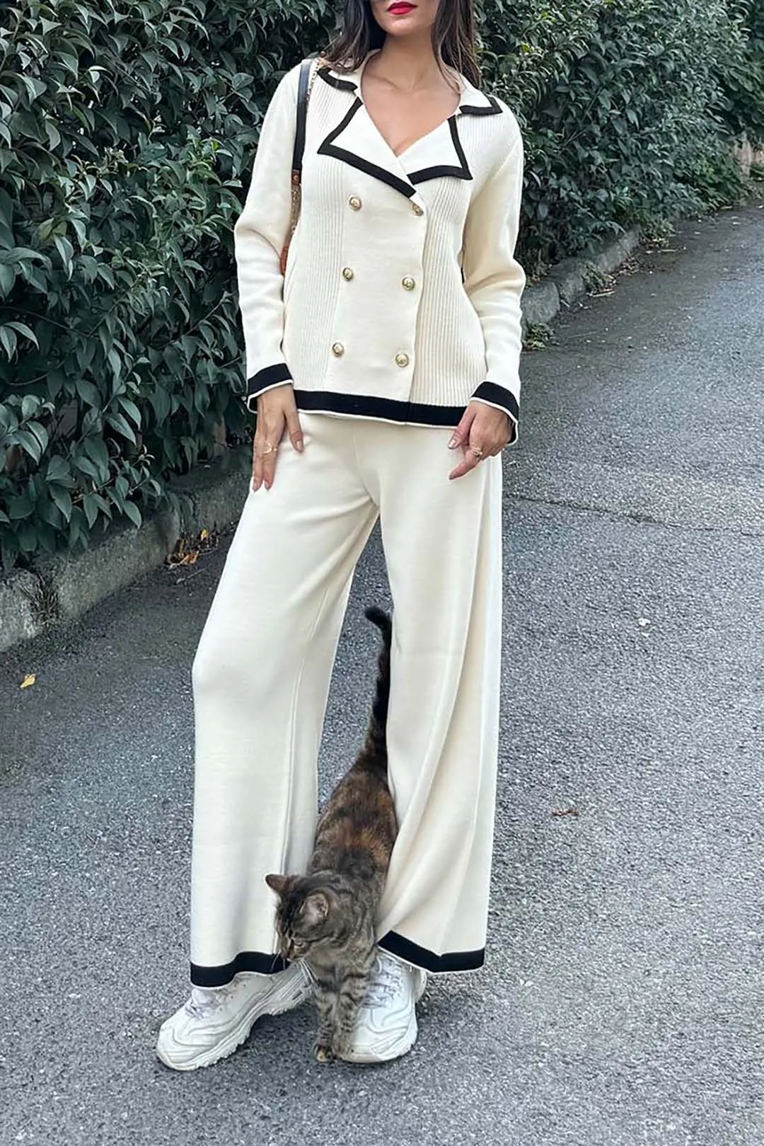 Contrast Knit Button Patchwork Set