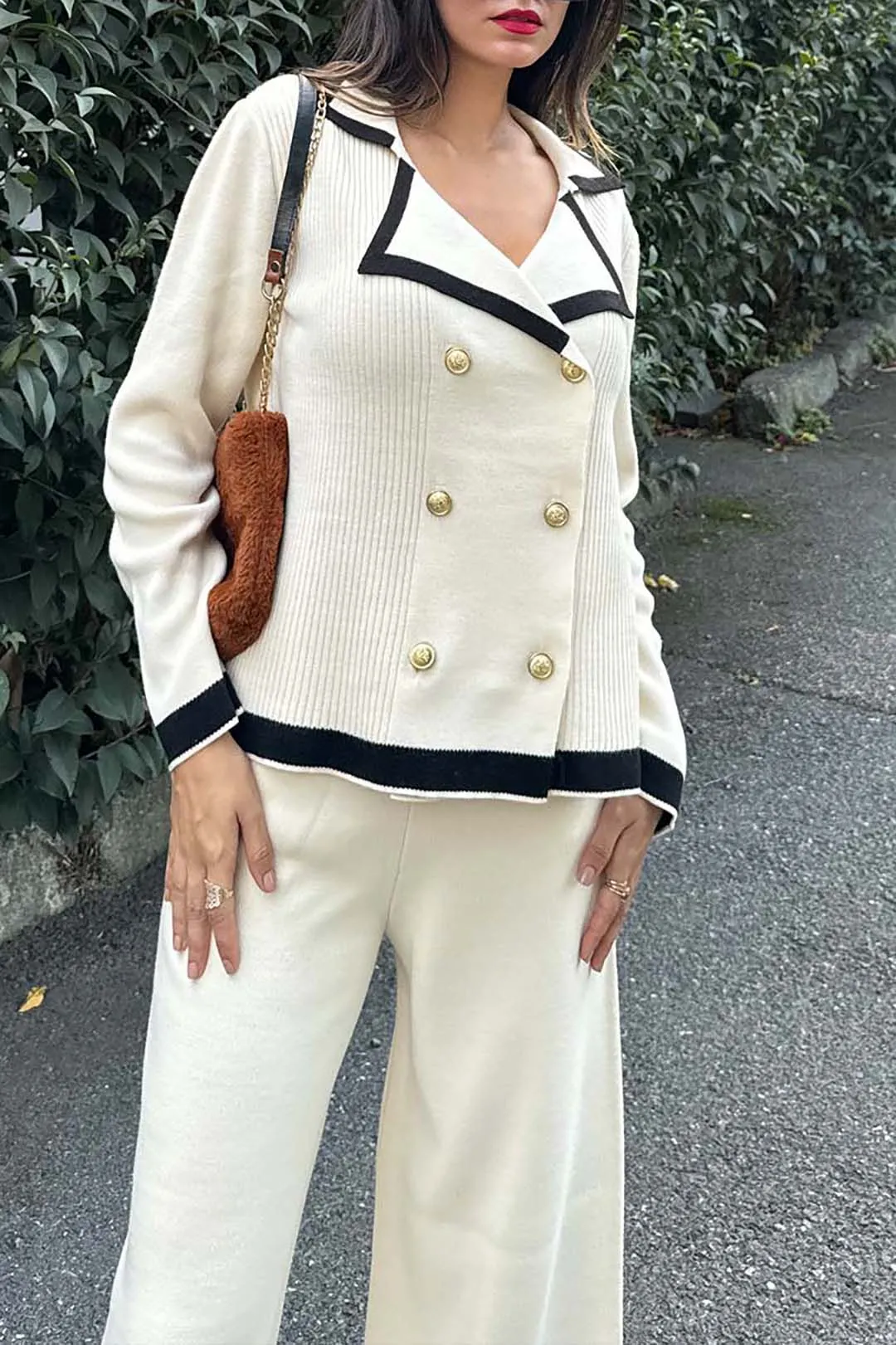 Contrast Knit Button Patchwork Set
