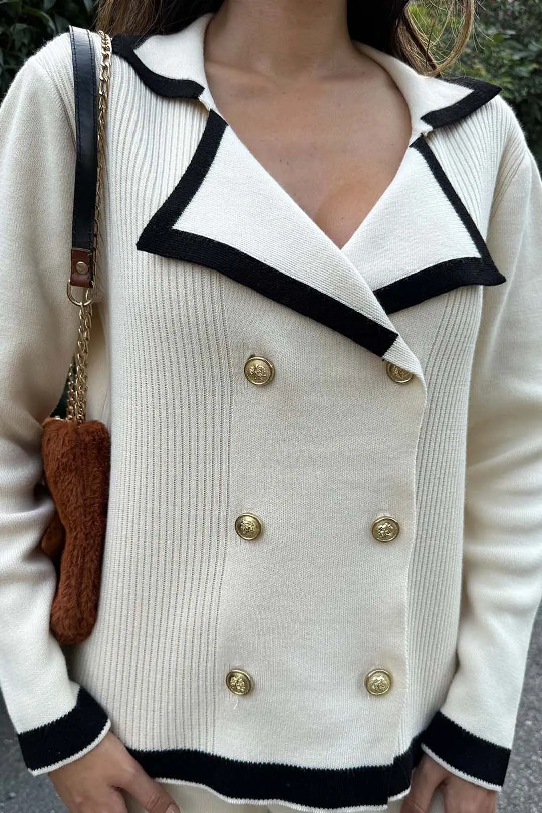 Contrast Knit Button Patchwork Set