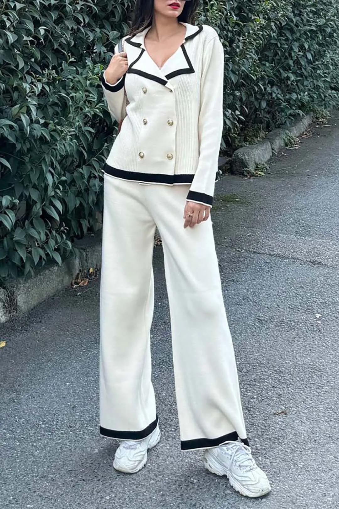 Contrast Knit Button Patchwork Set