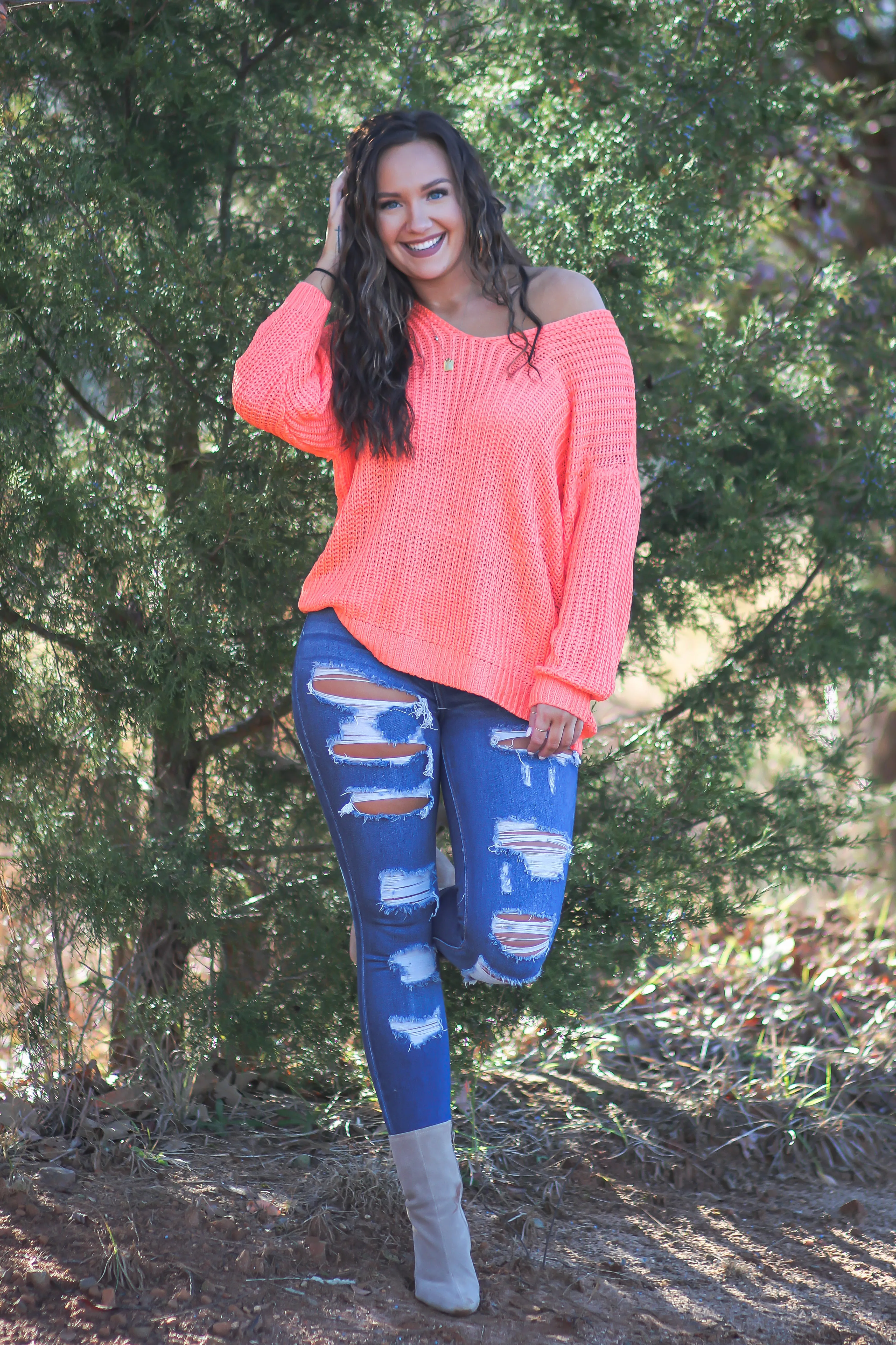 Coral Knit V Neck Sweater