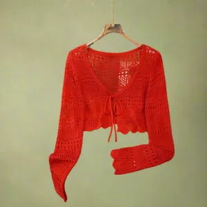 Cottagecore Open-Knit Ruffle Sweater