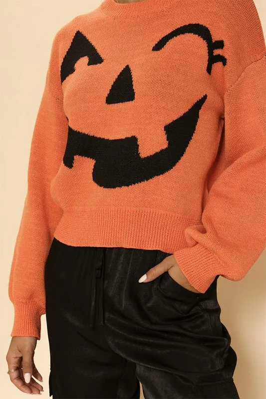 Cozy Knit Winky Face Pumpkin Halloween Fashion Sweater