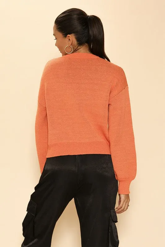 Cozy Knit Winky Face Pumpkin Halloween Fashion Sweater