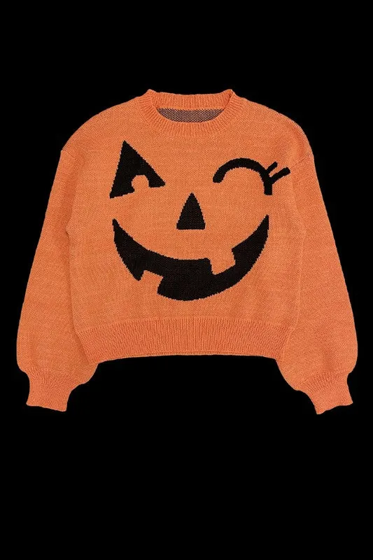 Cozy Knit Winky Face Pumpkin Halloween Fashion Sweater