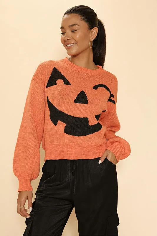 Cozy Knit Winky Face Pumpkin Halloween Fashion Sweater