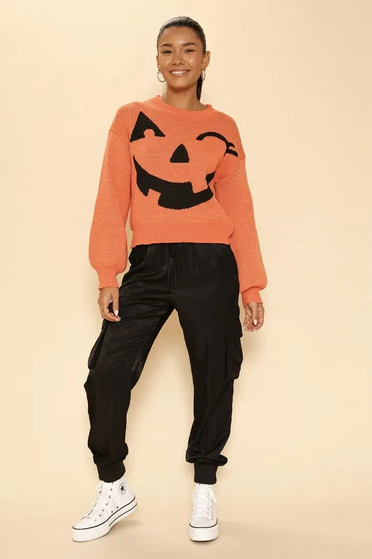 Cozy Knit Winky Face Pumpkin Halloween Fashion Sweater