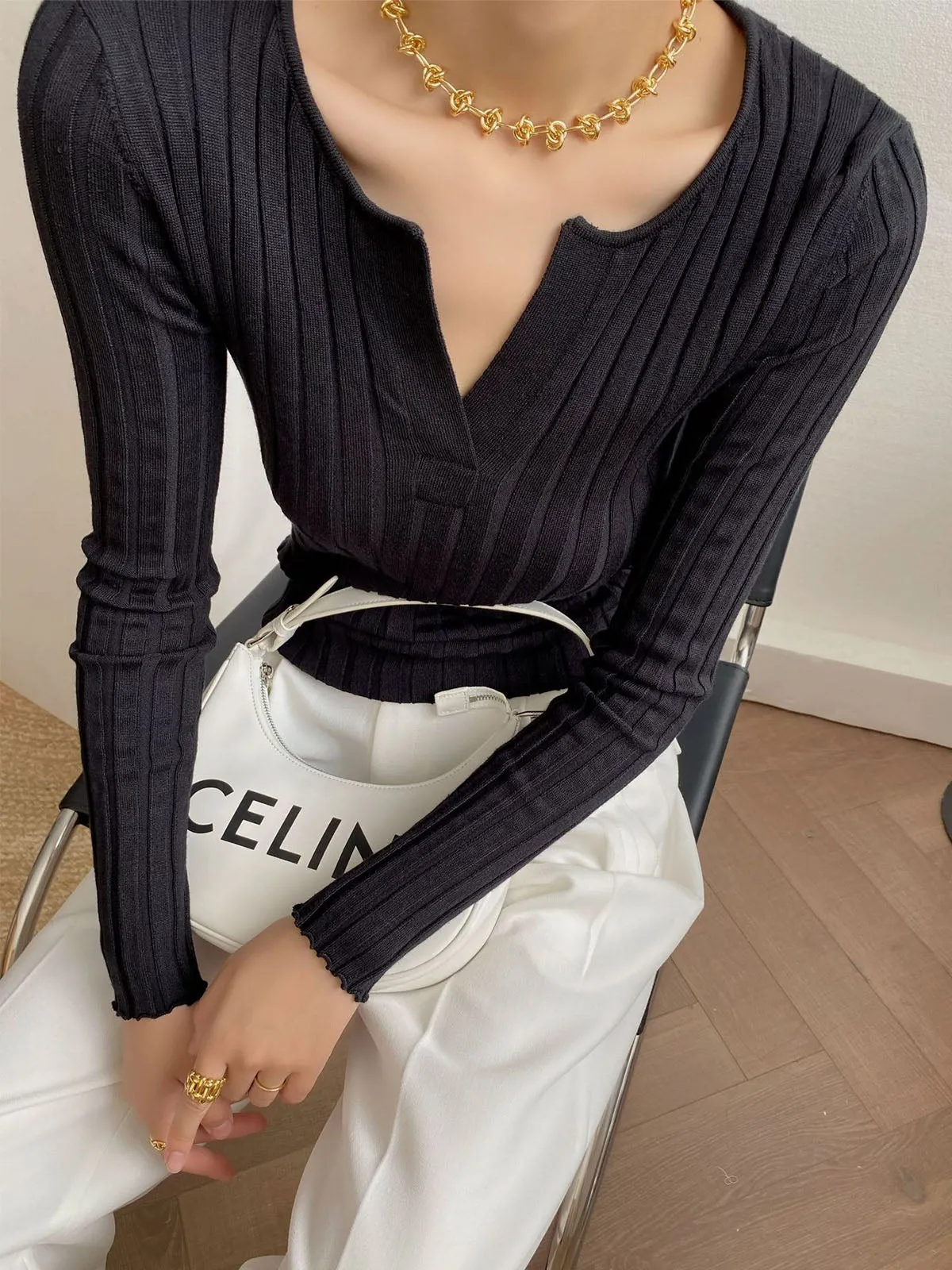 Etiye Chic French V-Neck Slim Fit Knit Black Sweater