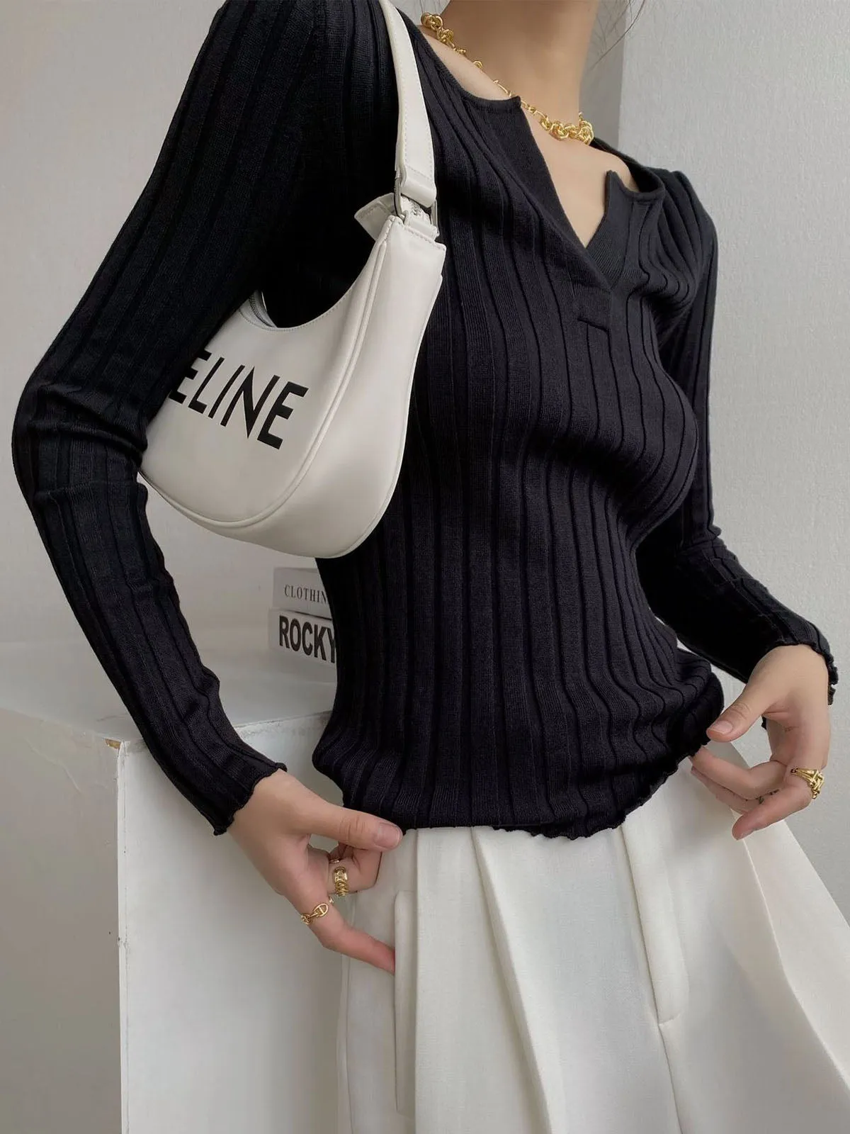 Etiye Chic French V-Neck Slim Fit Knit Black Sweater