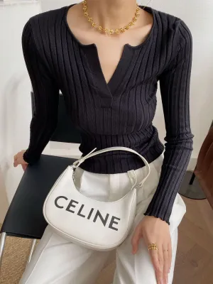 Etiye Chic French V-Neck Slim Fit Knit Black Sweater