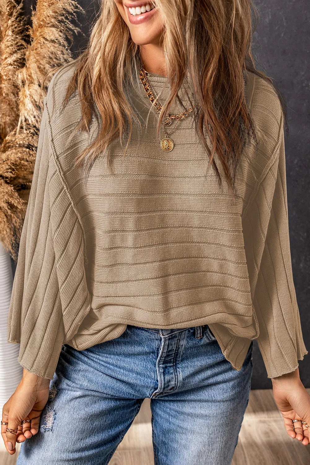 Exposed Seam Ribbed Knit Dolman Sweater