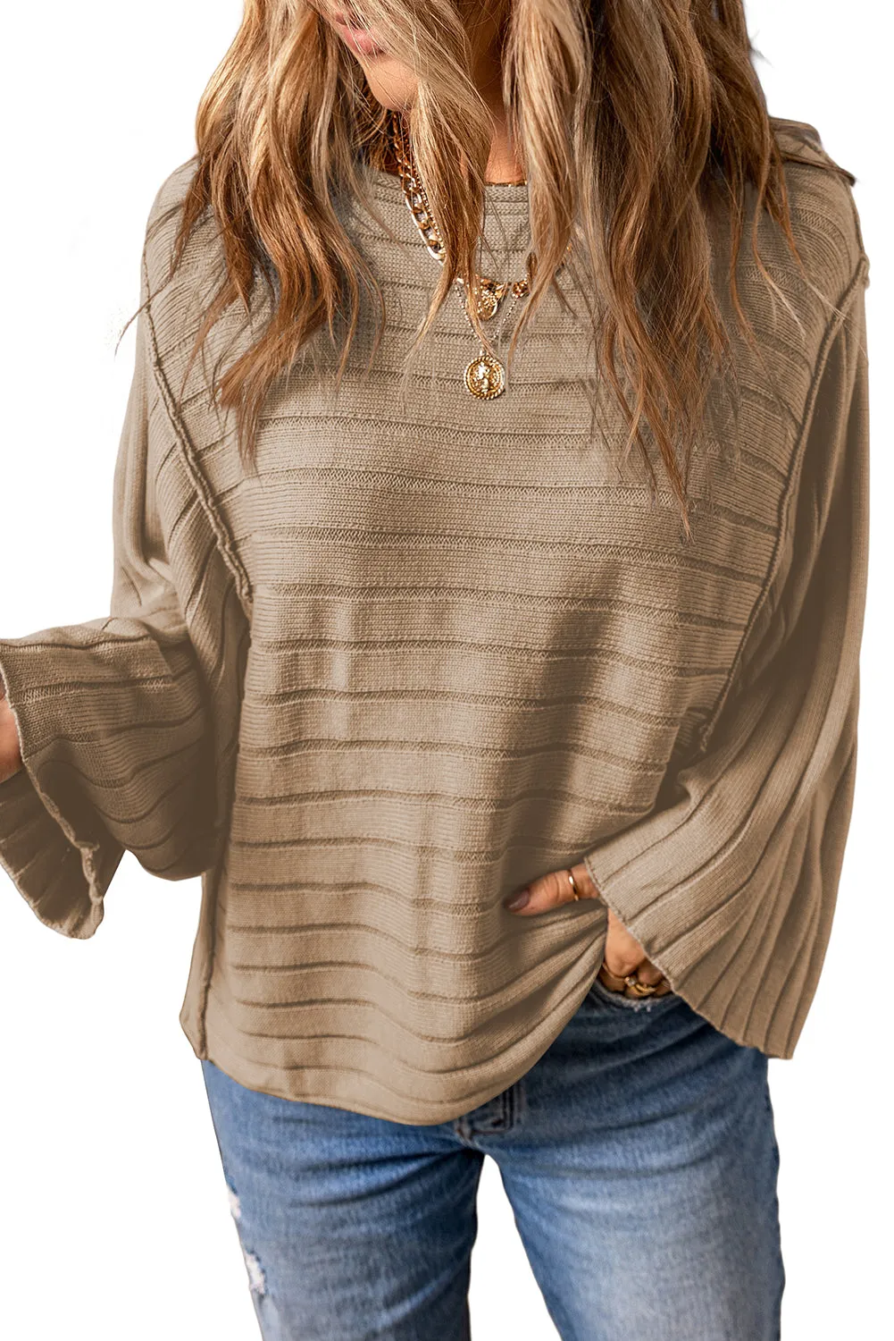 Exposed Seam Ribbed Knit Dolman Sweater