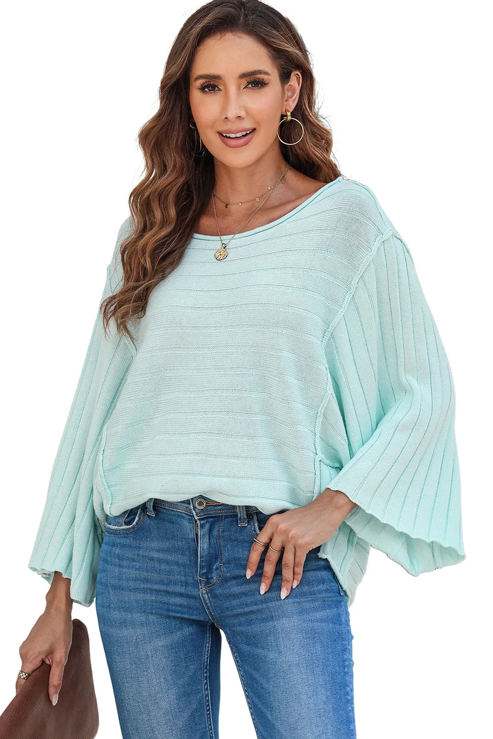 Exposed Seam Ribbed Knit Dolman Sweater