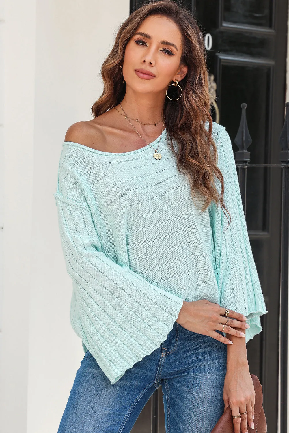 Exposed Seam Ribbed Knit Dolman Sweater