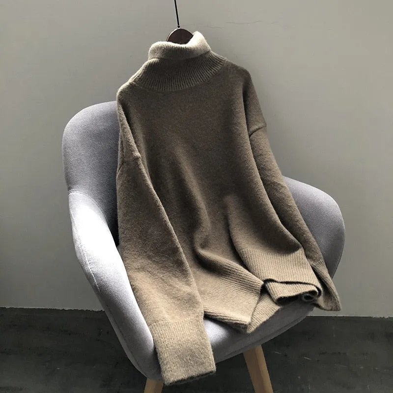 Fashionkova  2022 Winter Knitted Cashmere Sweater Women Elegant Loose Warm Turtle Neck Pullover Vintage Outwear Lazy Oaf Female Jumpers