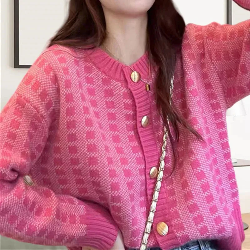 Girlary Autumn Warm Single Breasted Knitted Sweater Women Fashion Casual Jacquard Crochet Pink Cardigan Tops Y2k