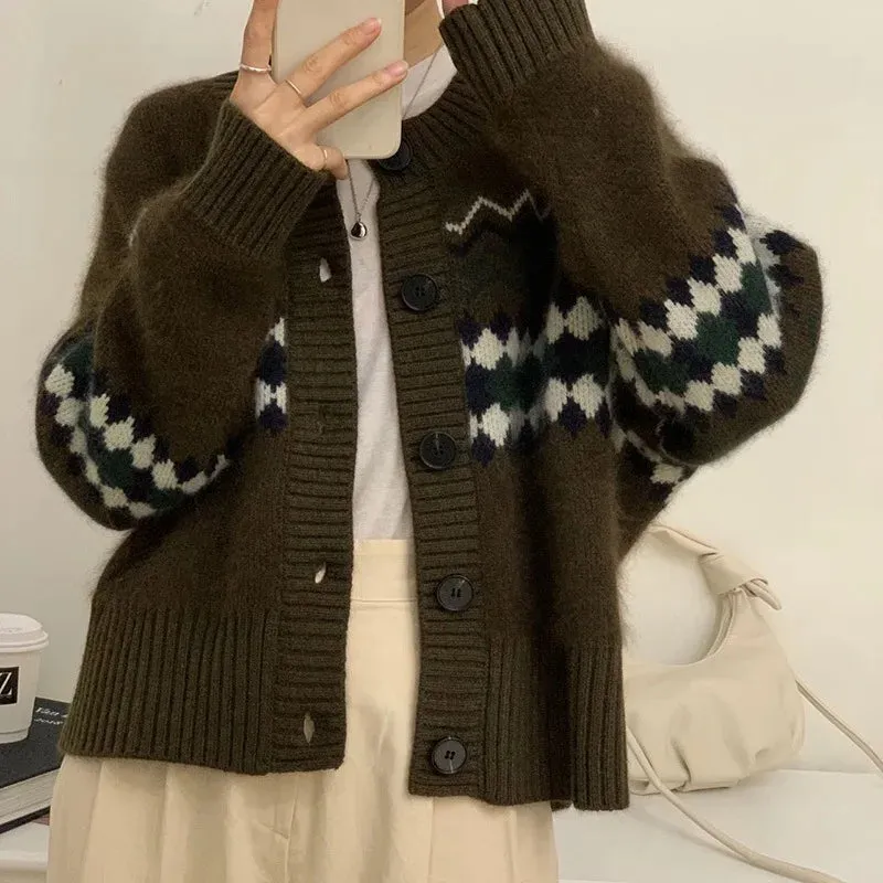 Girlary Autumn Warm Single Breasted Knitted Sweater Women Fashion Casual Jacquard Crochet Pink Cardigan Tops Y2k