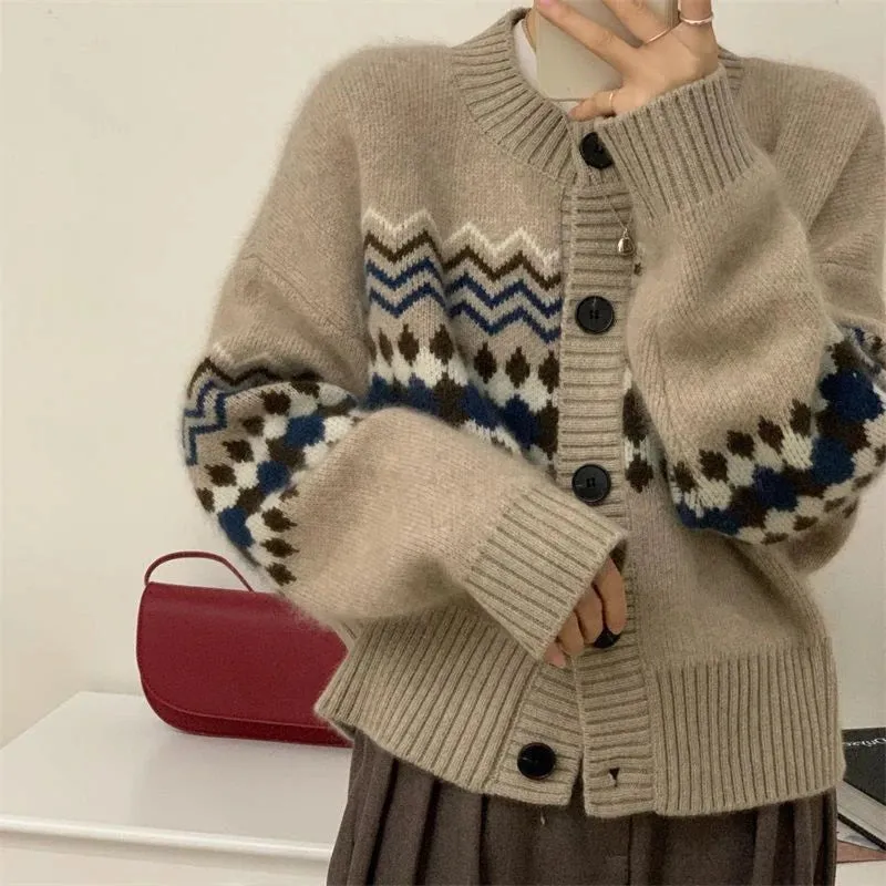Girlary Autumn Warm Single Breasted Knitted Sweater Women Fashion Casual Jacquard Crochet Pink Cardigan Tops Y2k