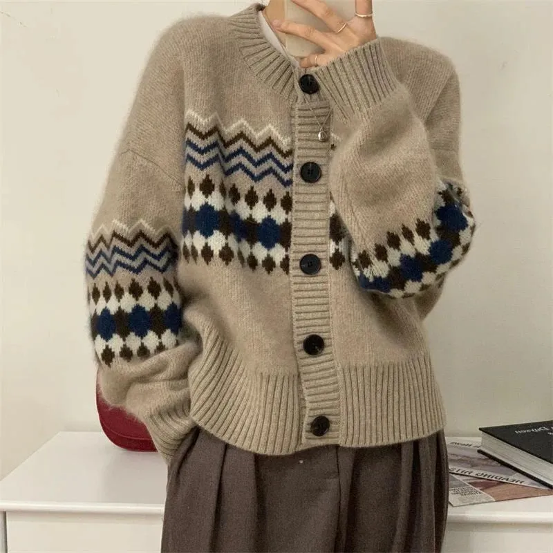 Girlary Autumn Warm Single Breasted Knitted Sweater Women Fashion Casual Jacquard Crochet Pink Cardigan Tops Y2k