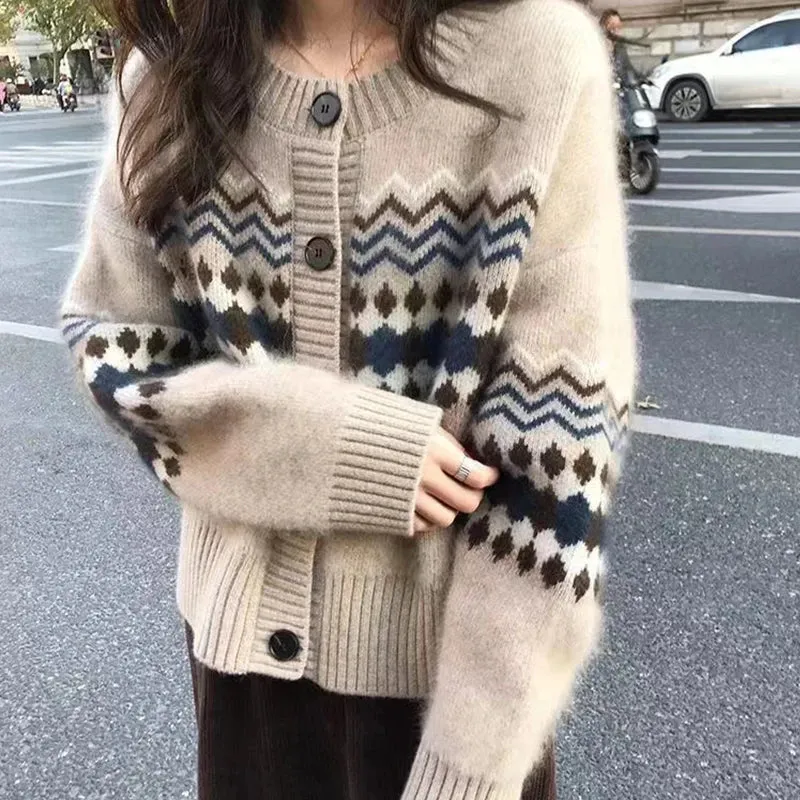 Girlary Autumn Warm Single Breasted Knitted Sweater Women Fashion Casual Jacquard Crochet Pink Cardigan Tops Y2k