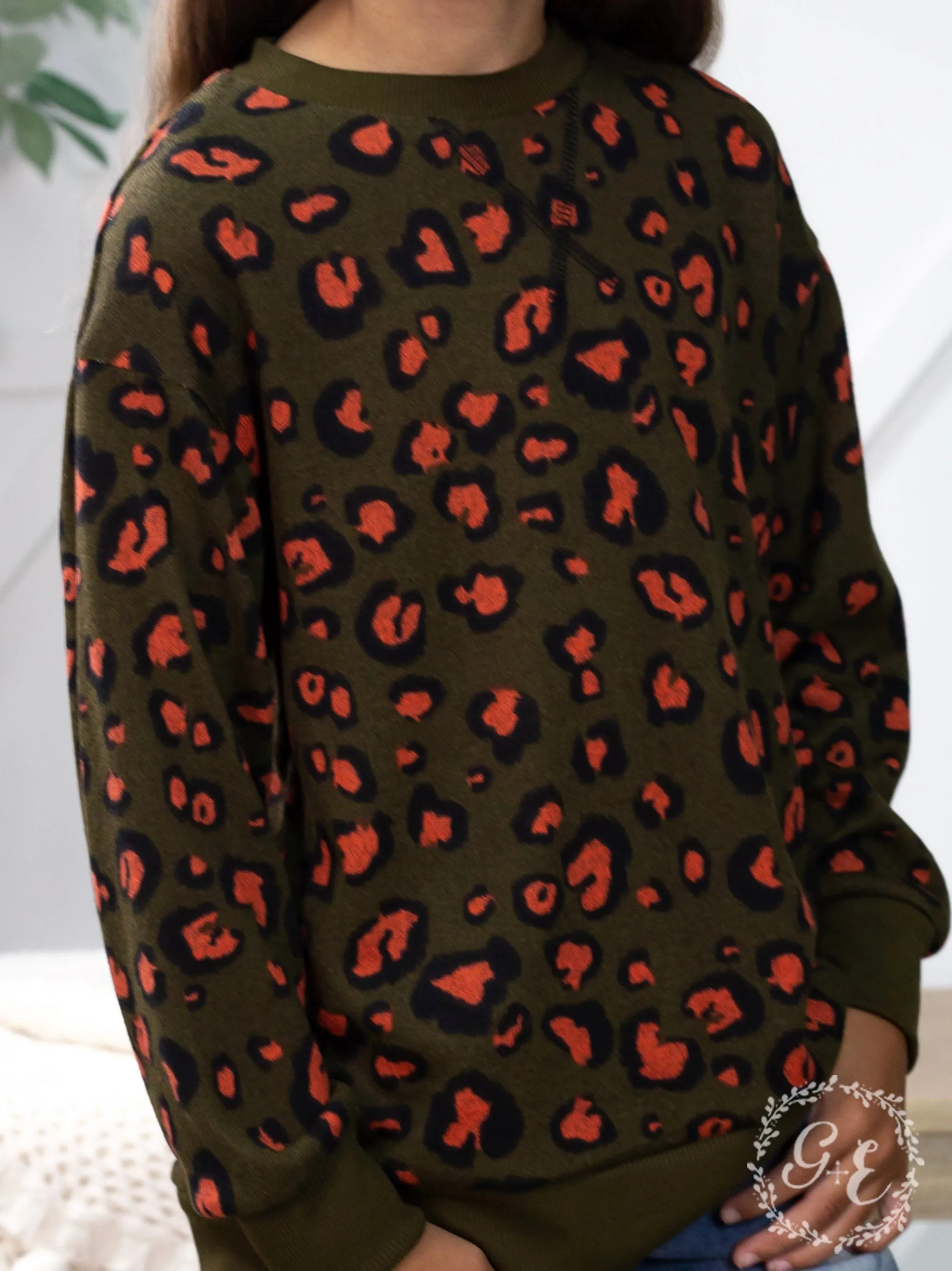 Girls Rawr Like a Leopard Long Sleeve Round Neck Sweater with Knit Wrist, Green