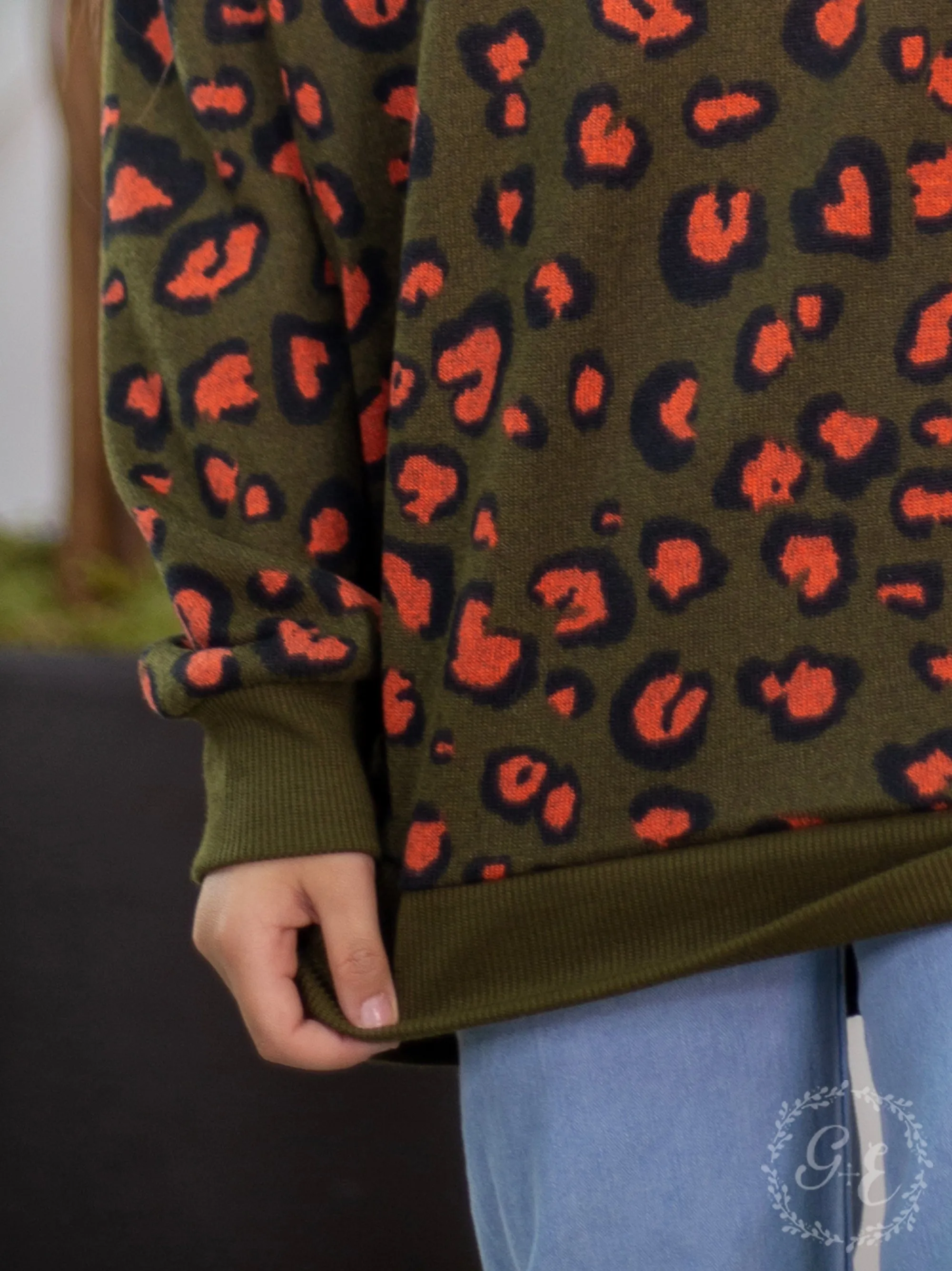 Girls Rawr Like a Leopard Long Sleeve Round Neck Sweater with Knit Wrist, Green