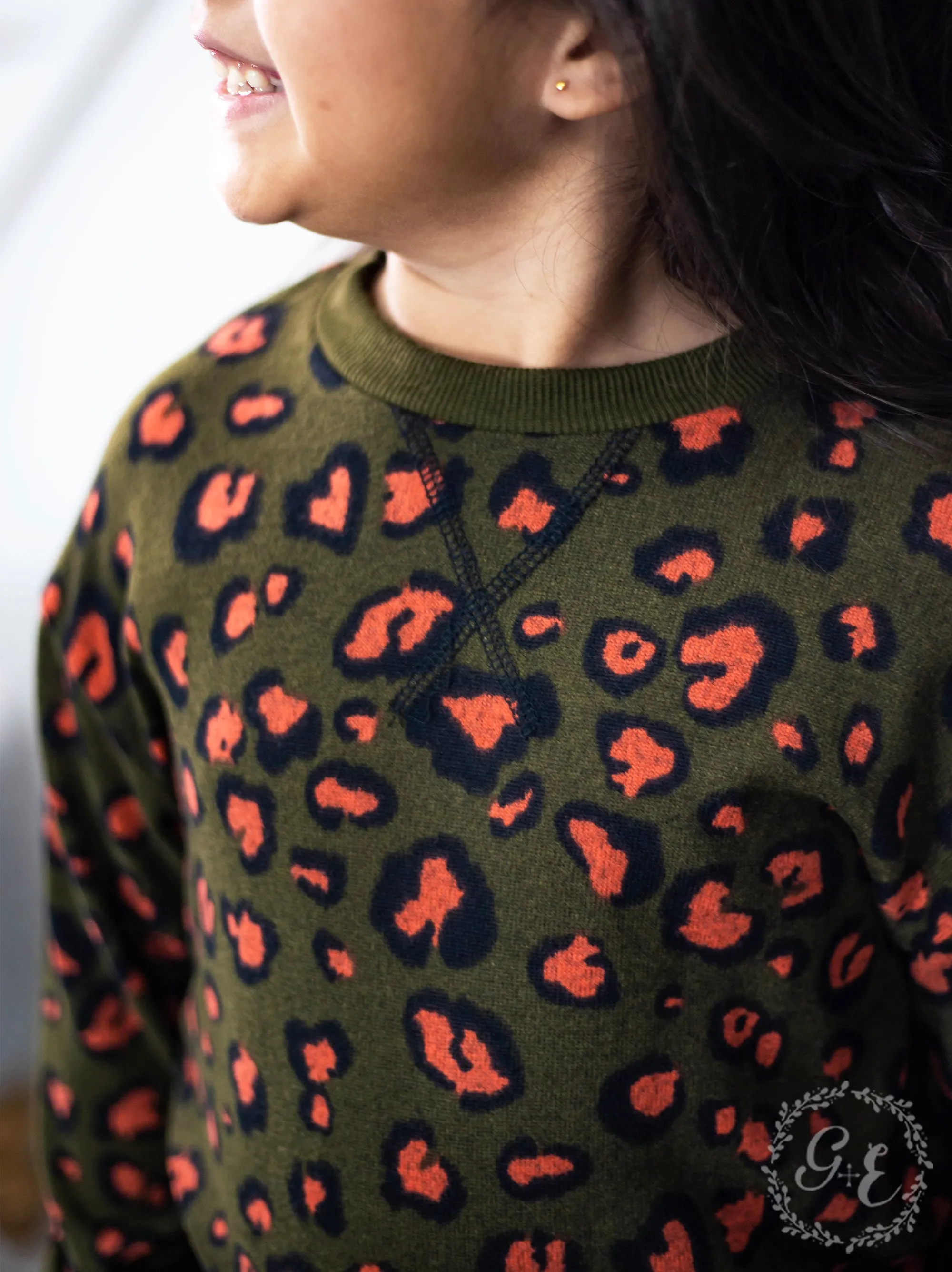 Girls Rawr Like a Leopard Long Sleeve Round Neck Sweater with Knit Wrist, Green