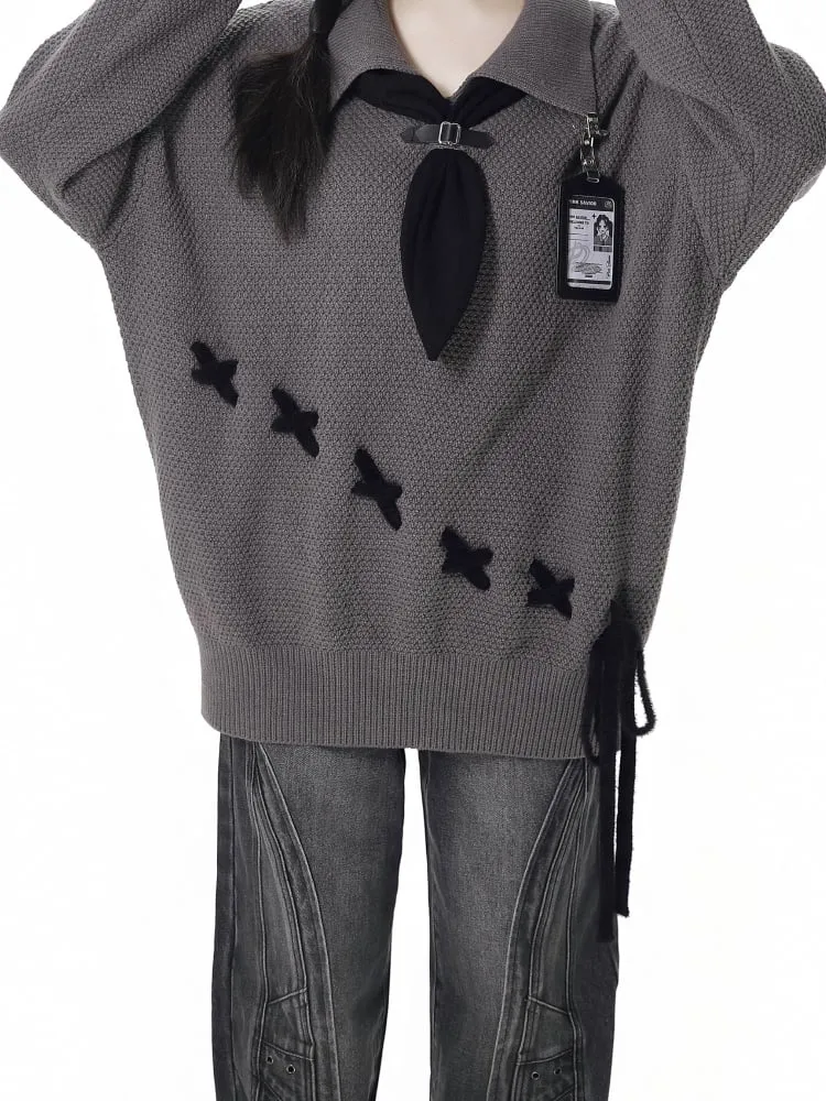 Gray Tie Oversized Sweater with Lace-up