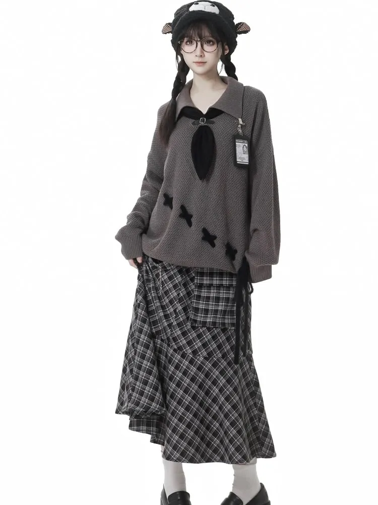 Gray Tie Oversized Sweater with Lace-up