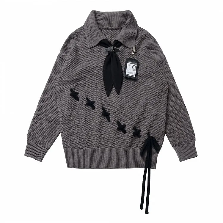 Gray Tie Oversized Sweater with Lace-up