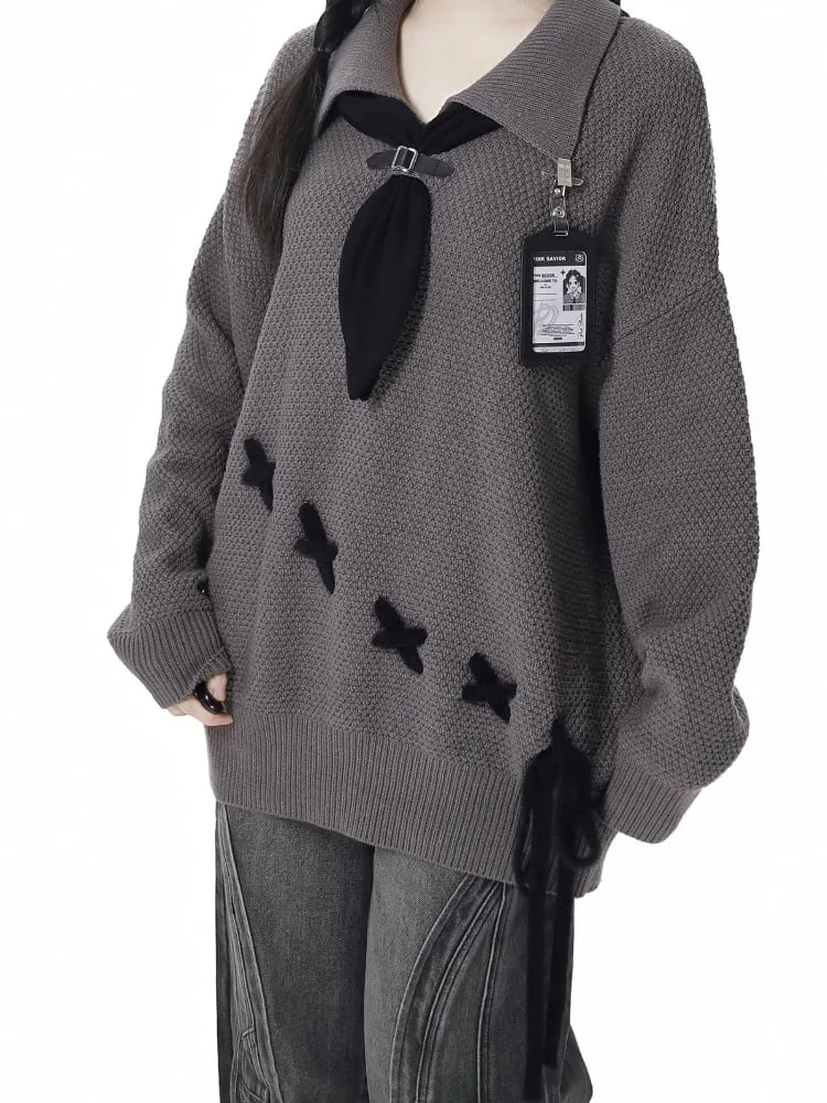 Gray Tie Oversized Sweater with Lace-up