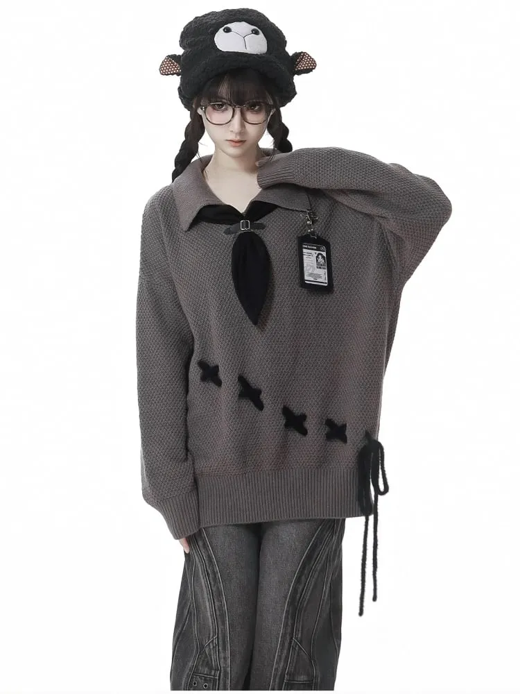 Gray Tie Oversized Sweater with Lace-up