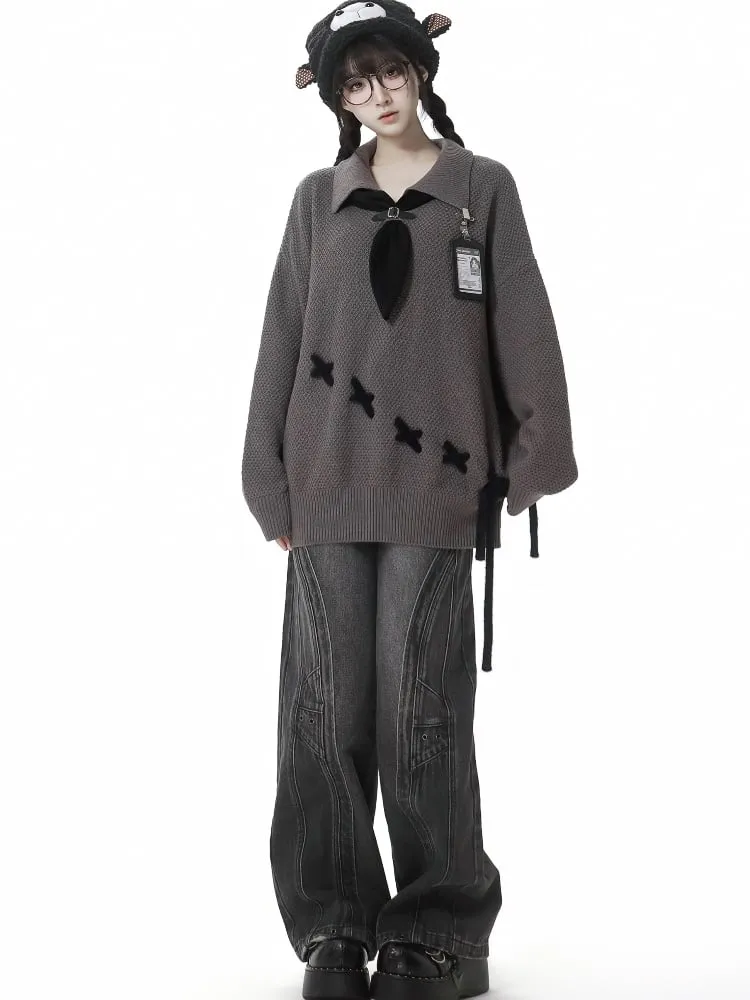 Gray Tie Oversized Sweater with Lace-up