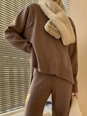 Knit Side Slit Pullover Sweater - Brown